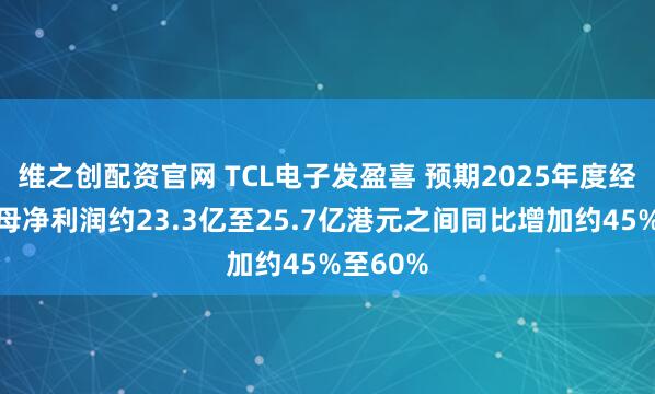 维之创配资官网 TCL电子发盈喜 预期2025年度经调整归母净利润约23.3亿至25.7亿港元之间同比增加约45%至60%